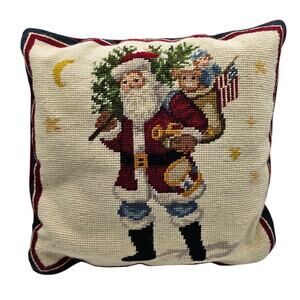 Vintage Old Saint Nicholas Wool Needlepoint Pillow Christmas Santa Claos